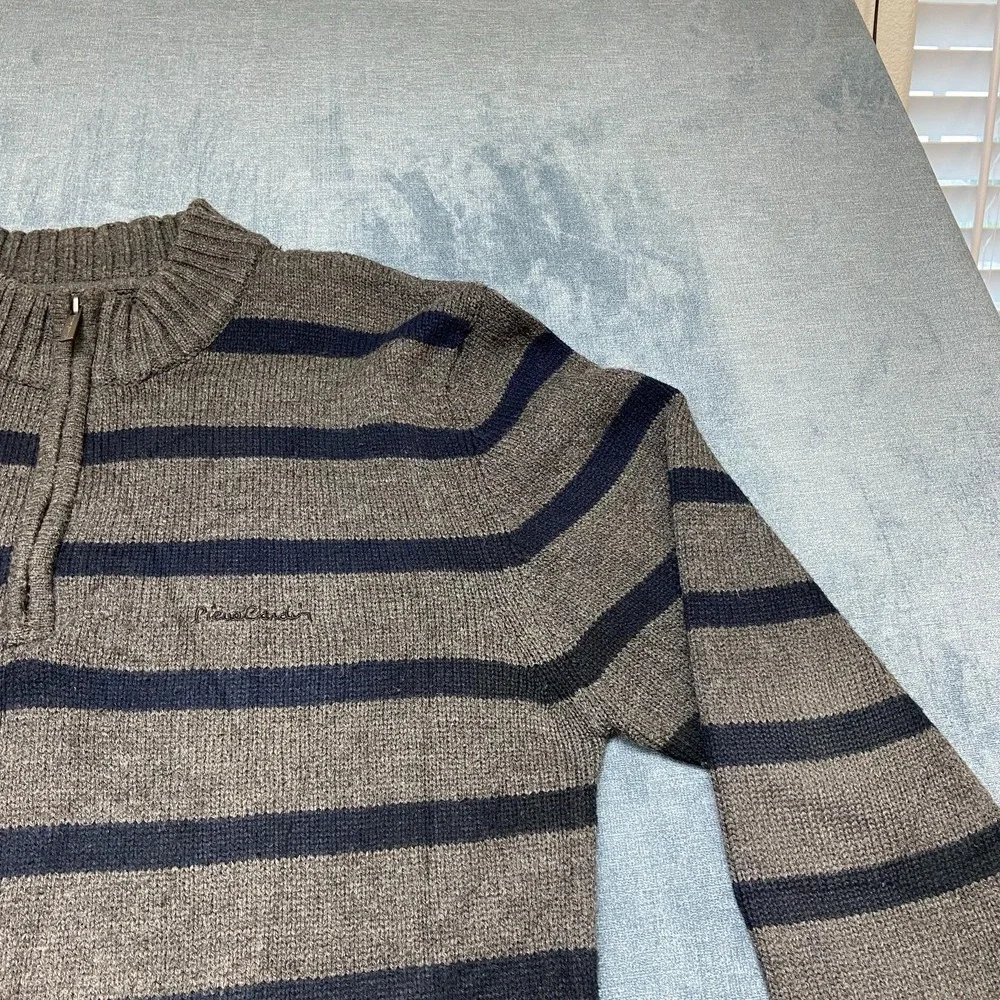 Pierre Cardin Sweater Mens XL Blue Gray Striped Acrylic Quarter Zip Tight Knit